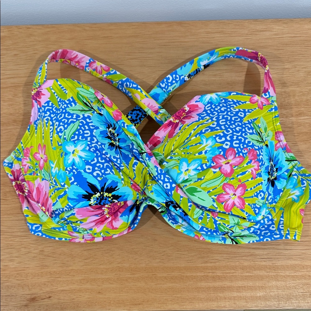 Bleu Rod Beattie Bright Floral Cross-Strap Bikini Top in Blue, Pink, Green